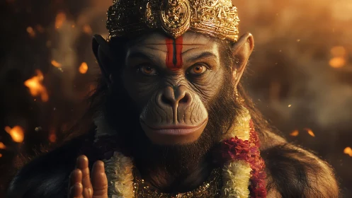 Divine monkey deity portrait under glowing embers light.