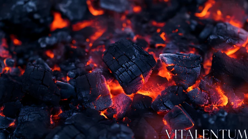 Incandescent coal bed with glowing embered fragments.