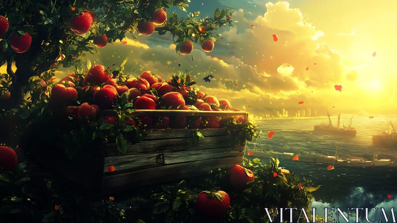 Sunlit coastal apple harvest with cinematic golden lighting.