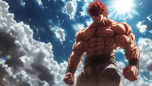 Muscular anime warrior stands under blazing midday sun