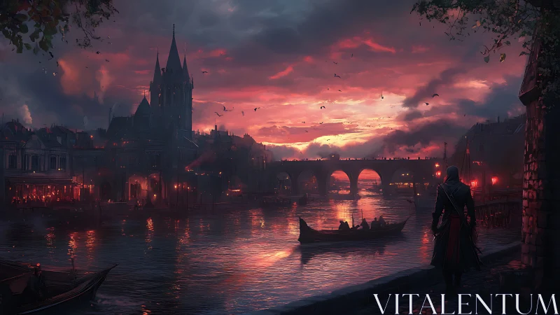 Wanderer pauses by a glowing riverside city at dusk.