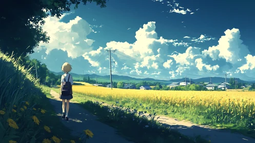 Schoolgirl walks along rural path beside yellow summer field
