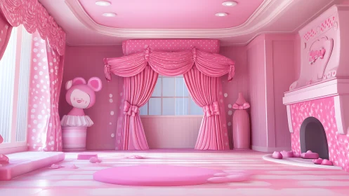 Pastel pink fantasy nursery interior in stylized 3D rendering.