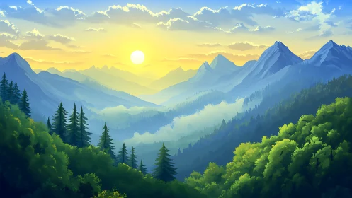 Sunrise illuminates layered mountain forest valley panorama