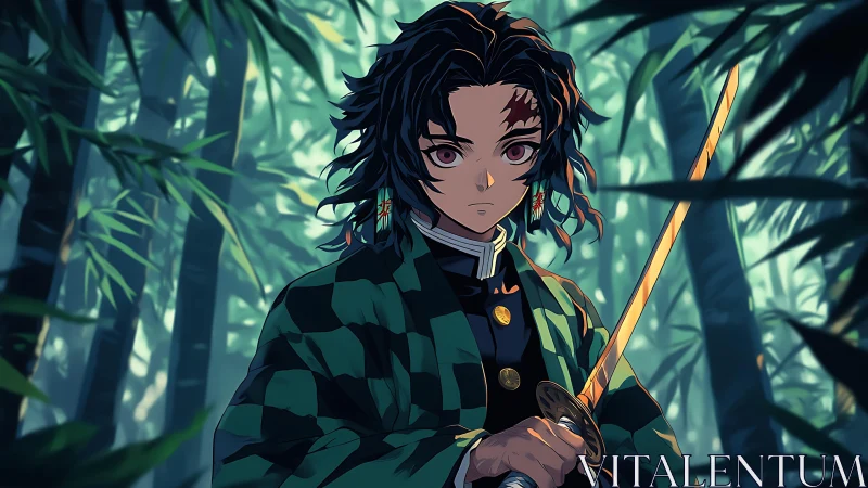 Sword-wielding warrior in stylized bamboo forest lighting.