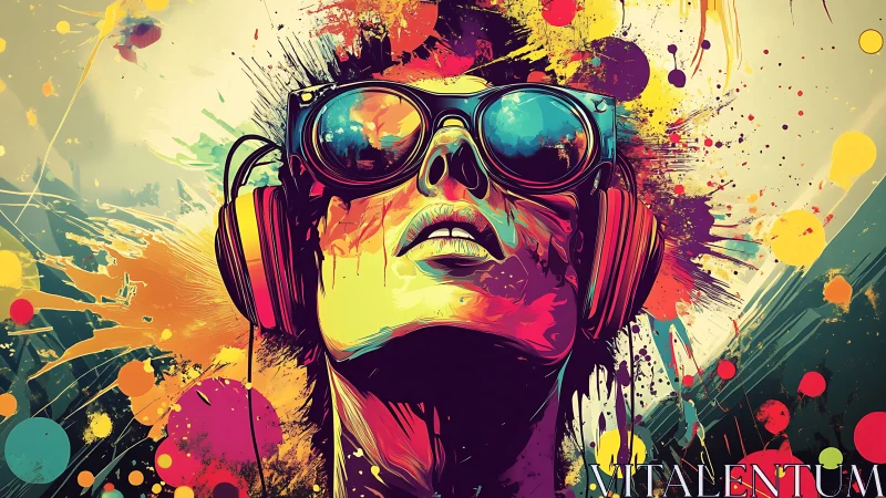 Vibrant neon portrait with headphones and splatter dynamics.