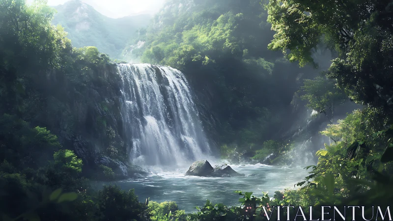 Sunlit forest waterfall cascading into misty pool.