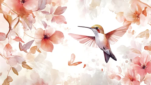 Hummingbird in Flight Among Watercolor Blossoms.