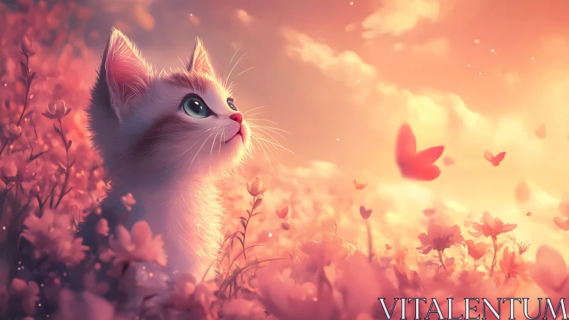 White Cat in Luminous Flower Field with Warm Bokeh Atmosphere