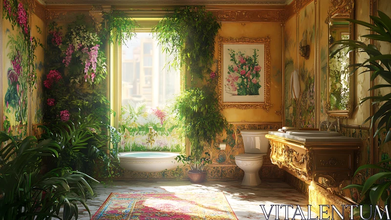 Luxurious garden bathroom interior merges foliage and gold