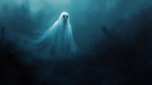 Translucent spectral figure in dense blue misted landscape.