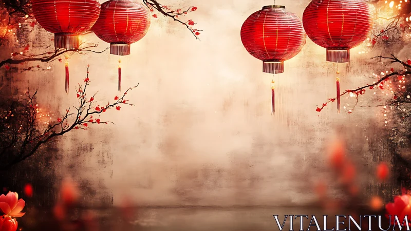 Red lanterns hanging over floral branches on soft background.