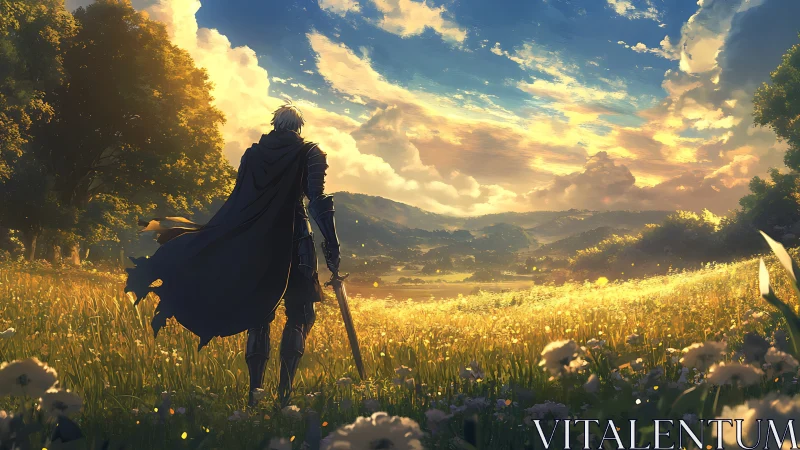 Cloaked swordsman greets a sunlit valley of golden promise