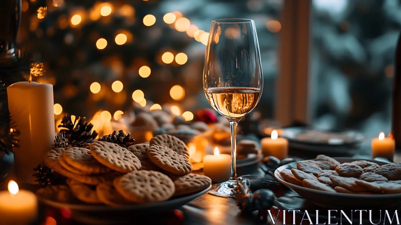 Holiday cookies and wine glow in warm candlelight ambiance.