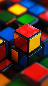 Glossy geometric cubes in bold primary color abstraction.