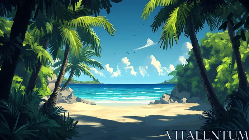 Tropical Beach Paradise Through Dense Jungle Frame.