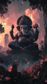 Radiant forest deity above a twilight jungle city.