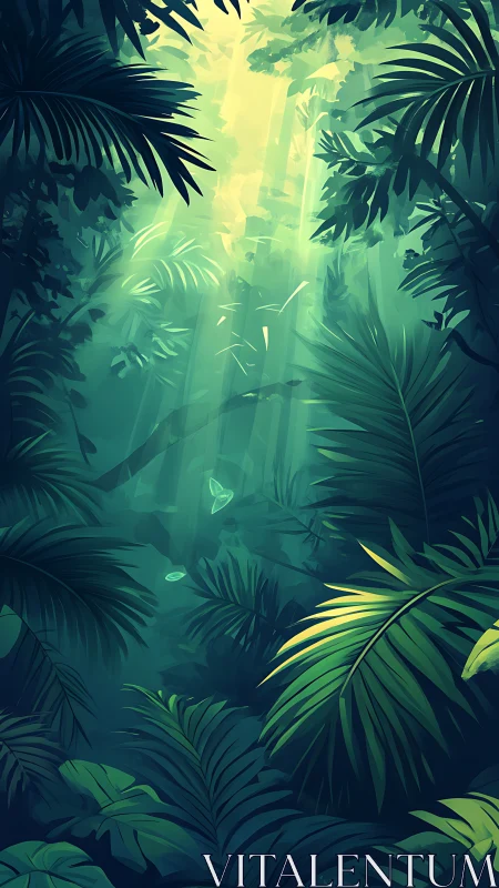 Luminous Jungle Canopy: Divine Rays Penetrate Layered Tropical Foliage