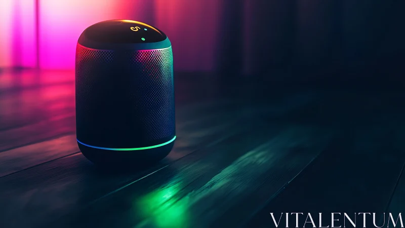 Smart Speaker Glows Neon in Dark Modern Setting.