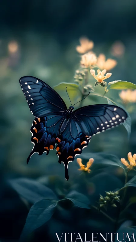 Midair butterfly drifts gently above soft yellow garden blooms
