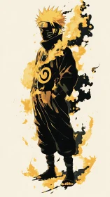 Monochrome shinobi silhouette enveloped in stylized chakra flames