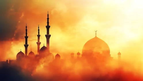 Mosque silhouette emerging through dense golden haze.