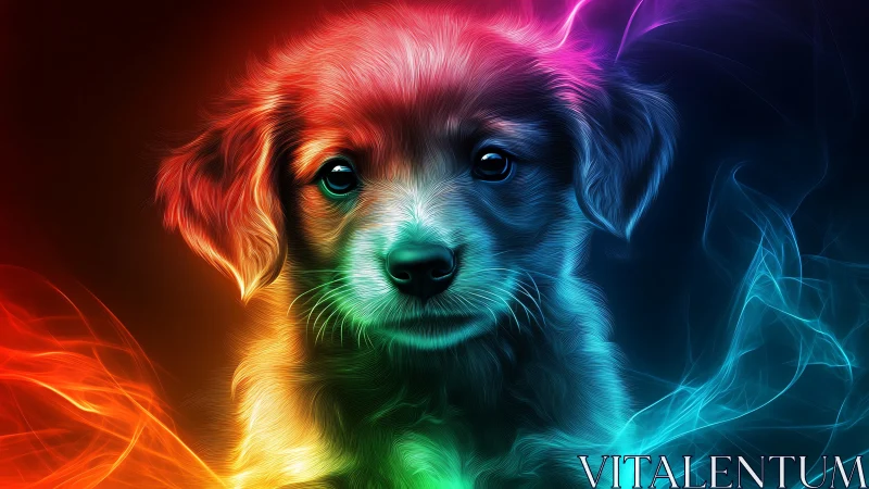 Neon colored puppy portrait in glowing digital light art