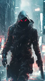 Midnight hunter with neon eyes stalking the cyber rainstorm.