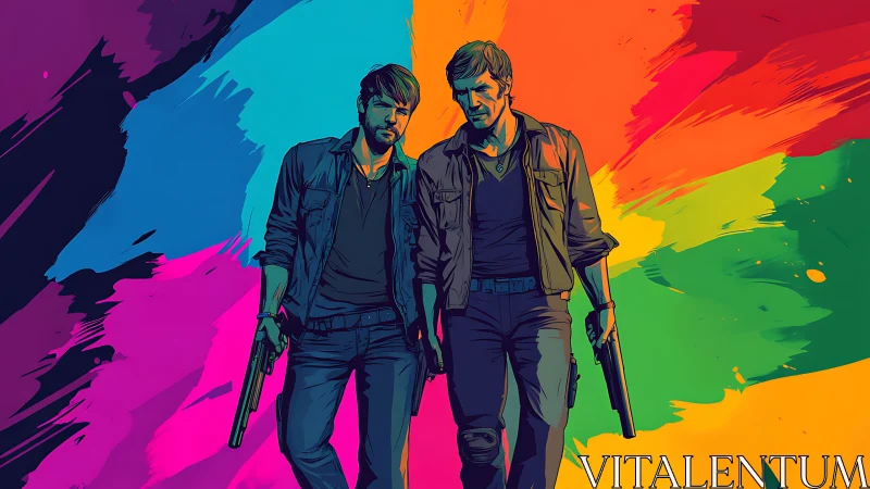 Armed duo walk forward against vivid abstract color burst