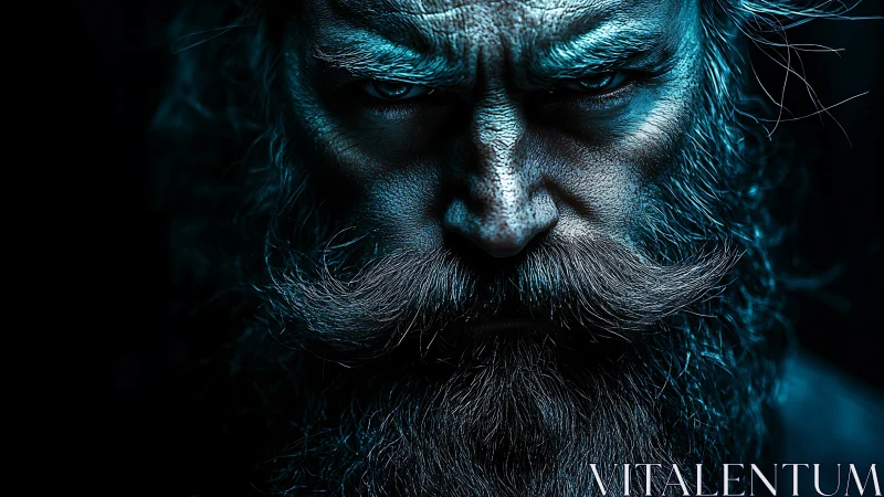 Storm-eyed elder forged in blue steel shadows.