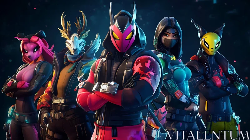 Five stylized armored heroes in neon sci fi outfits stand united.