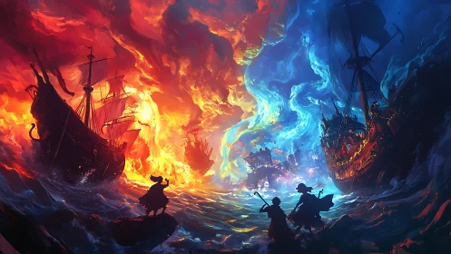 Pirate armadas clash within fiery and icy elemental storm