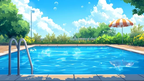 Sunlit suburban poolscape rendered in bright anime style