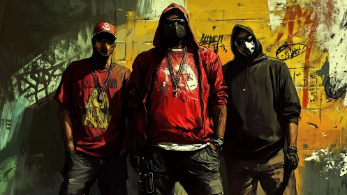 Hooded masked figures standing before graffiti wall at night.