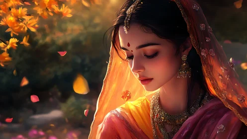 Digital portrait of woman in traditional Indian attire outdoors.