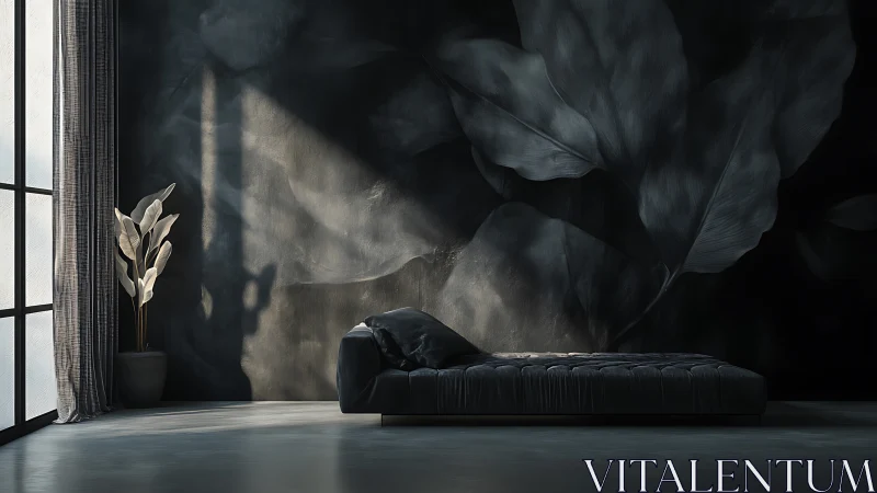 Calm dark bedroom sanctuary with soft light and shadows.