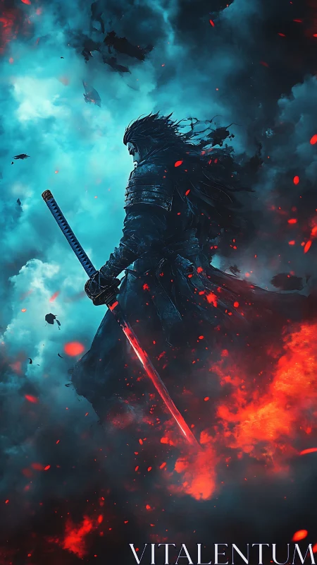 Lone firelit samurai walking between storm and embers.