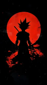 Samurai warrior silhouette before red moon burst.