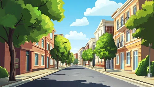 Sunlit residential street with stylized townhouses and trees.