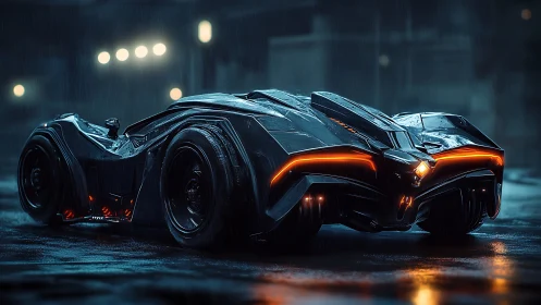 Futuristic black supercar in rainy neon city street scene.