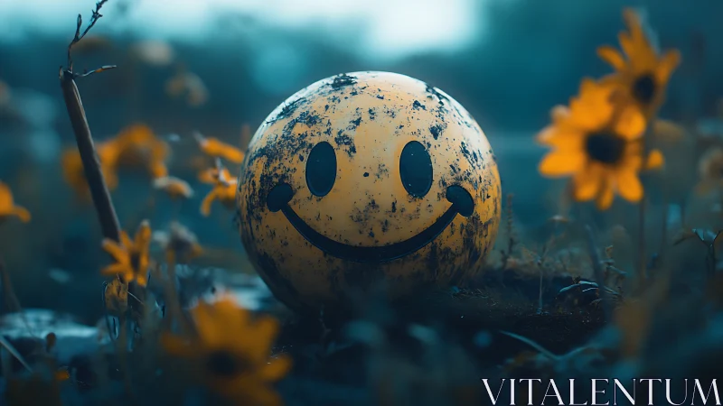 Smiley face ball rests weathered among blurred wildflowers.