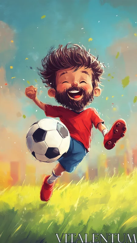 Joy-sprinting soccer kid with wind-tossed hair and sunlight grin.