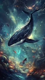 Luminescent cetacean vortex with submerged human observer.