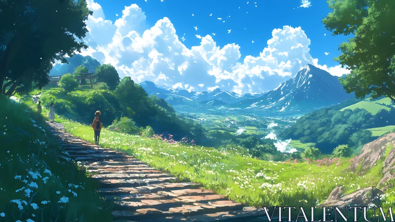 Anime pastoral landscape with stone path and distant mountains.