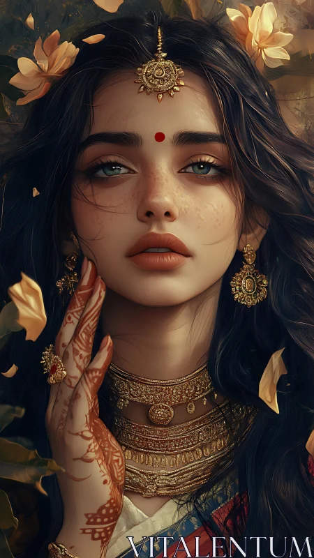 Portrait of woman with jewelry, henna, and floral elements.