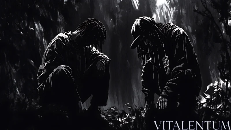 Two hooded figures kneel in a moody monochrome urban grove