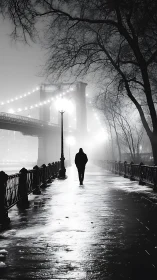 Nocturnal pedestrian on misted suspension bridge promenade