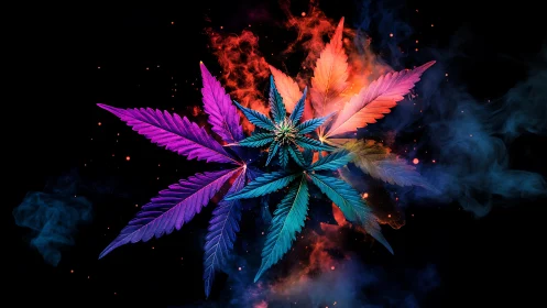 Multicolor cannabis leaf cluster with neon smoke on black