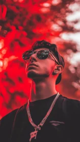 Stylish young man stands confident beneath neon red glow