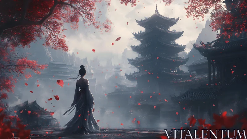 Woman before pagoda in misty red autumn landscape.